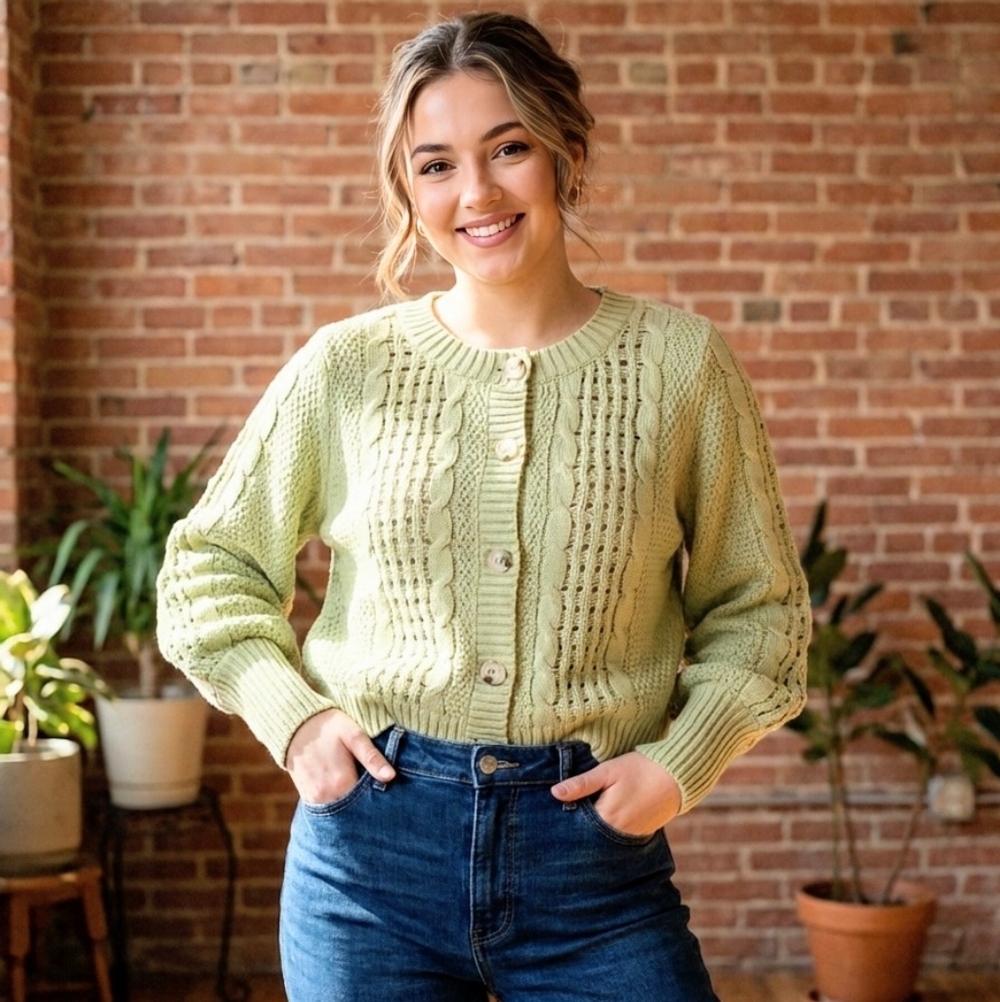PREPPY AVOCADO COLOR CROPPED CARDIGAN BISHOP SLEEVE SWEATER WOMEN'S SIZE XS